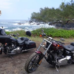 Harley Davidson Motorcycles Hana beach in background